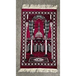 Vintage Red, Black, and Tan Colored Prayer Rug